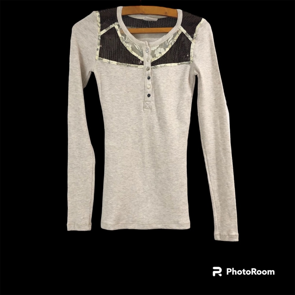 Free People Long Sleeve Henley with Lace Detail Boho Chic